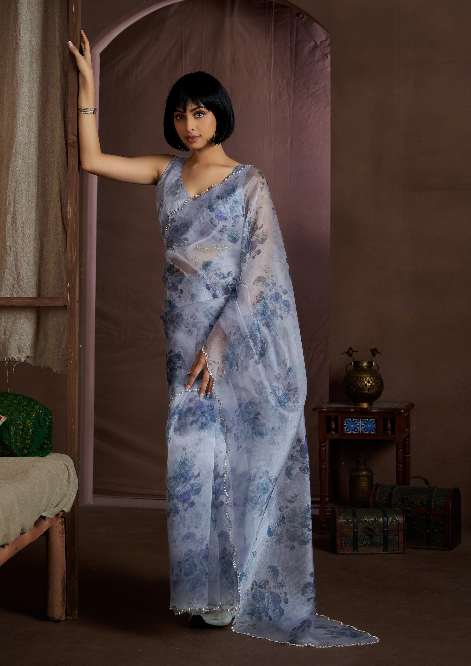Fancy Blue Color Soft Organza Floral Print Saree